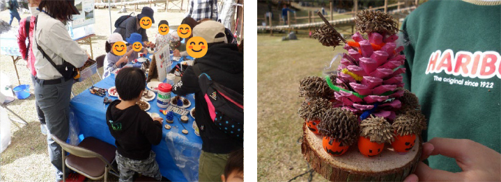 写真:どんぐり・松ぼっくりを使用した木工作体験