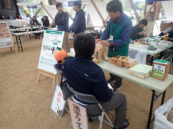 イベントブース内で木へんのつく漢字クイズに挑戦する成人男性椅子に座る後姿