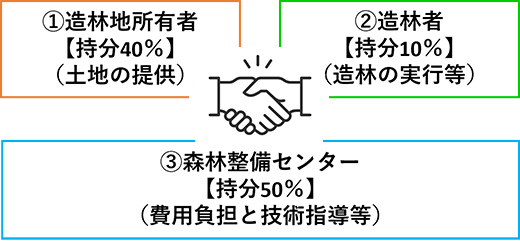 （1）造林地所有者【持分40％】（土地の提供）（2）造林者【持分10％】（造林の実行等）（3）森林整備センター【持分50％】（費用負担と技術指導等）