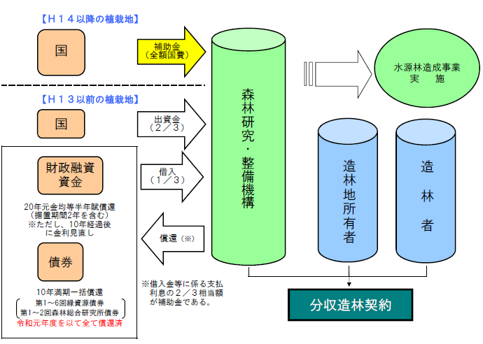 水源林造成事業 平成14年以降の植栽地と平成13年以前の植栽地